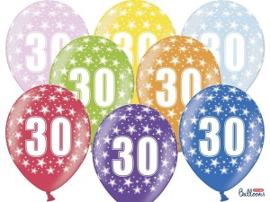 Balon gumowy Partydeco gumowy 30 urodziny, mix kolorów 30 cm/6 sztuk mix 300mm (SB14M-030-000-6)
