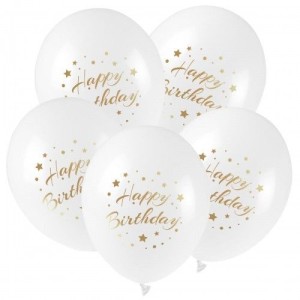 Balon gumowy ze złotym nadrukiem Happy Birthday (5 szt.) biały 300mm 12cal Arpex (KB2877)