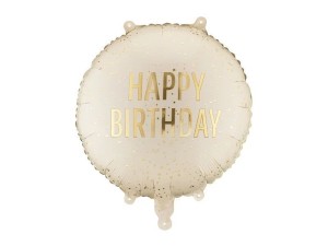 Balon foliowy pastylka Happy Birthday, 35x35 cm, kremowy 18cal Partydeco (FB353-079)