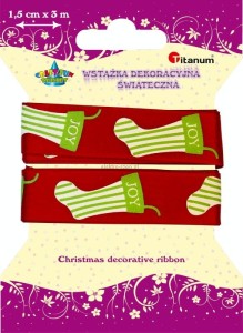 Wstążka Titanum Craft-Fun Series Xmas nadruk skarpety 15mm czerwona 3m (363076)