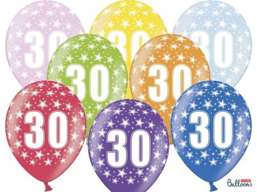 Balon gumowy Partydeco gumowy 30 urodziny, mix kolorów 30 cm/6 sztuk mix 300mm (SB14M-030-000-6)