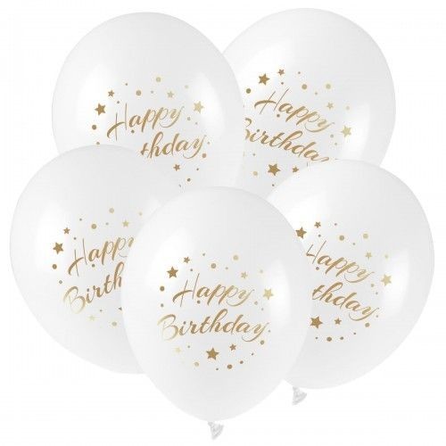 Balon gumowy ze złotym nadrukiem Happy Birthday (5 szt.) biały 300mm 12cal Arpex (KB2877)