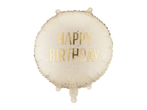 Balon foliowy pastylka Happy Birthday, 35x35 cm, kremowy 18cal Partydeco (FB353-079)