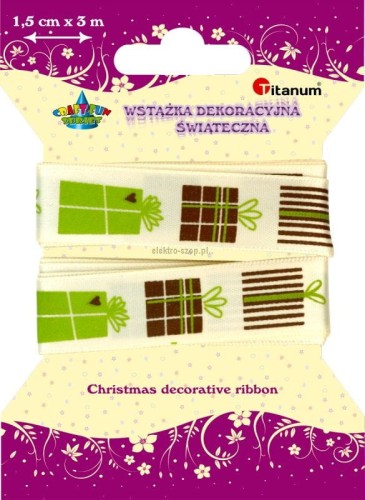Wstążka Titanum Craft-Fun Series Xmas nadruk prezenty 15mm ecru 3m (363074)