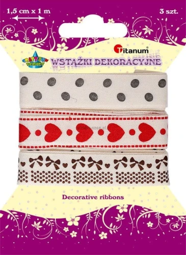Wstążka Titanum Craft-Fun Series groszki, serca, kokardki 15mm mix 1m (DD23-1)