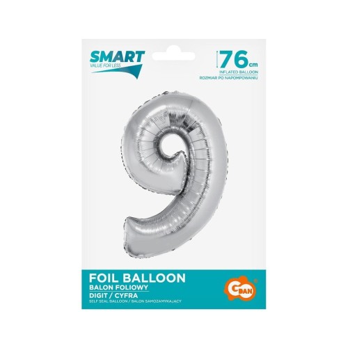 Balon foliowy Godan Smart cyfra 9 srebrna 76cm (CH-SSR9)