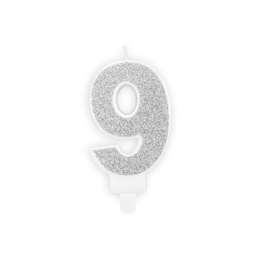 Świeczka urodzinowa Partydeco cyferka 9 srebrny 7 cm 7cm (SCU3-9-0188)