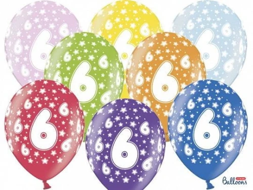 Balon gumowy Partydeco gumowy 6 urodziny, mix kolorów 30 cm/6 sztuk mix 300mm (SB14M-006-000-6)