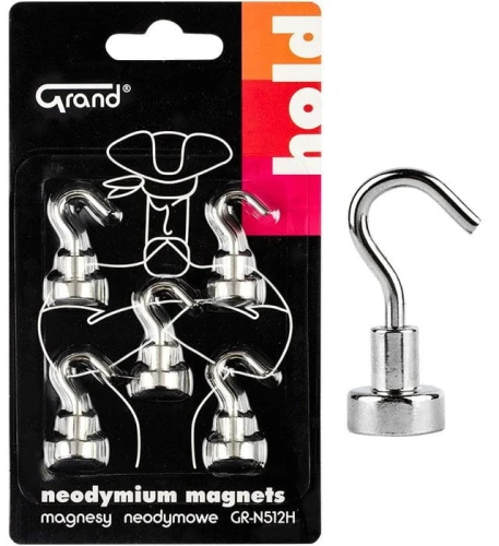 Magnes Grand neodymowy z haczykiem Srebrny śr. 12mm (130-1966) 5 sztuk