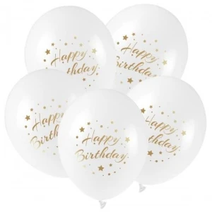 Balon gumowy ze złotym nadrukiem Happy Birthday (5 szt.) biały 300mm 12cal Arpex (KB2877)