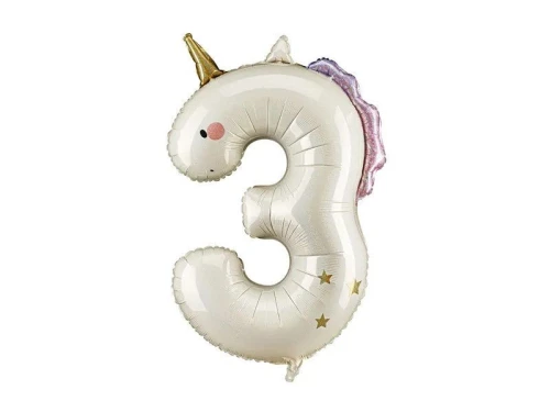 Balon foliowy Cyfra 3 Jednorożec, 93cm Partydeco (FB359-3)