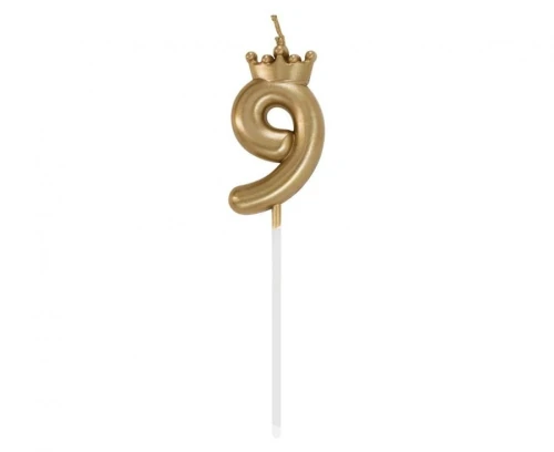 Świeczka urodzinowa cyferka 9, z koroną, szampańskie złoto, 6 cm Godan (HC-SCK9)