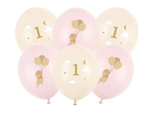 Balon gumowy Myszki z cyferką 1, Pale Pink różowy 300mm Partydeco (SB14P-363-081B-6)