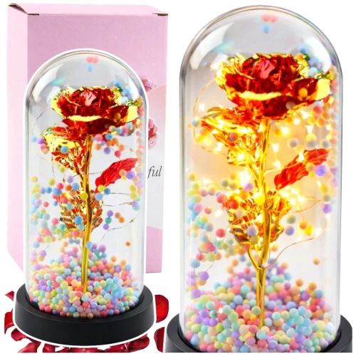 Gadżet Wieczna Róża W Kopule Kryształowa Oświetlenie LED Kuleczki Czerwona 21x11cm Lean (21333)