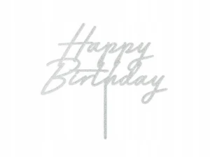 Dekoracja na tort Topper akrylowy Happy Birthday, 18x16.5 cm, srebrny brokatowy Partydeco (KPT83-018)