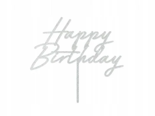 Dekoracja na tort Topper akrylowy Happy Birthday, 18x16.5 cm, srebrny brokatowy Partydeco (KPT83-018)