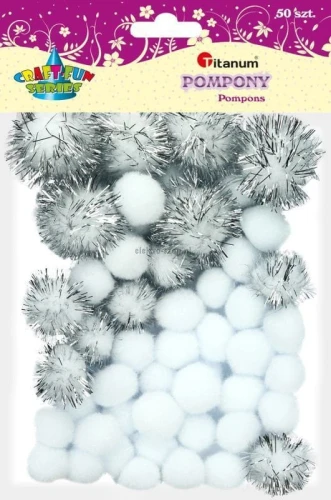Pompony Titanum Craft-Fun Series brokatowe i matowe biały 50 szt (361536)