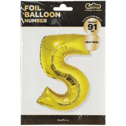 balon foliowy cyfra 5 złota 85 cm