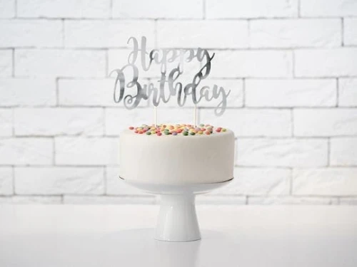 Dekoracja na tort Partydeco topper na tort Happy Birthday, srebrny, 22,5cm (KPT11-018M)